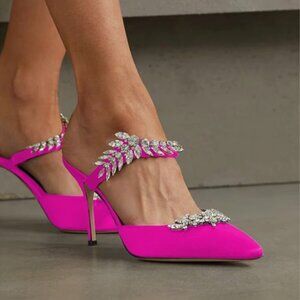FOWT Fuchsia Studded Crystals High Heel Slippers Backless Slip Makeup Party Pump